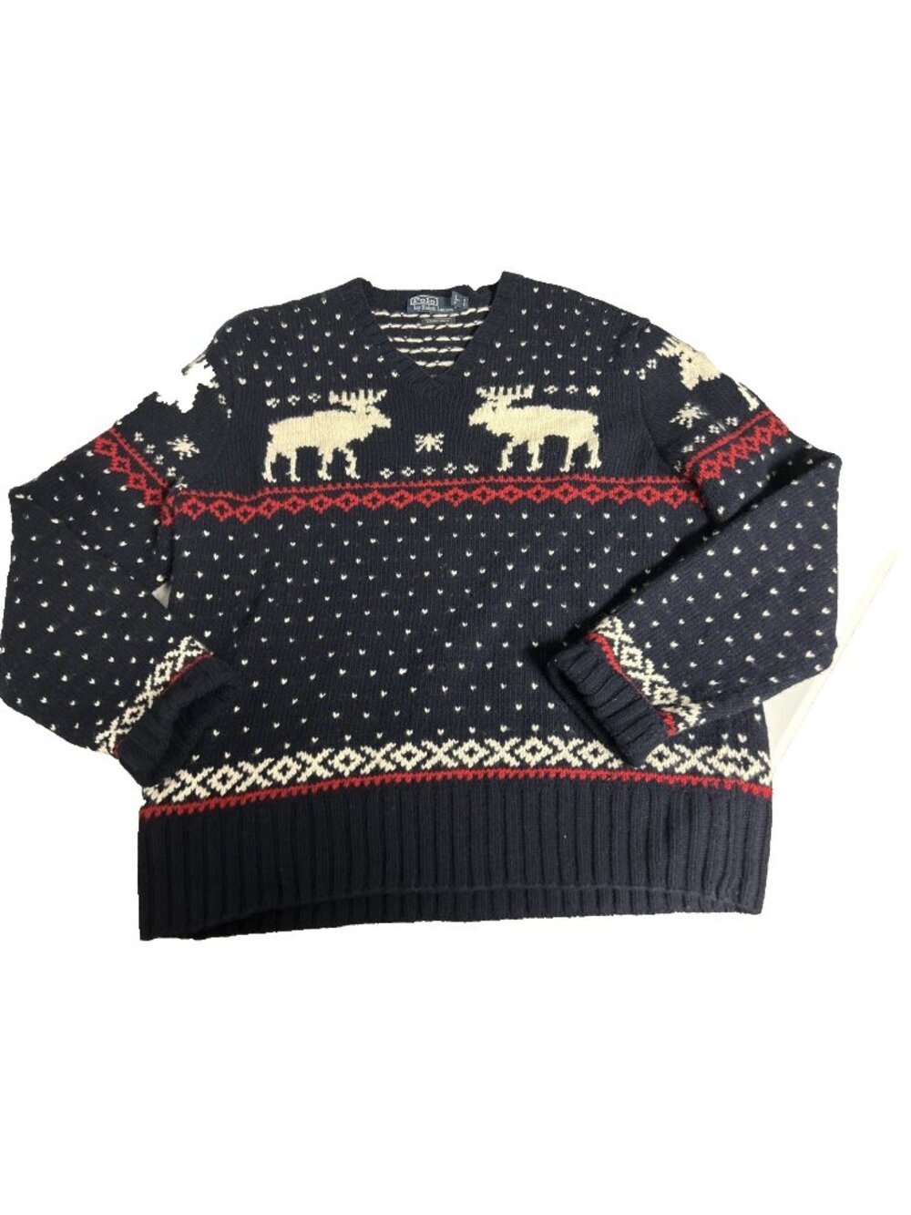 Polo Ralph Lauren Sweater Hand Knit Merino Wool Reindeer Moose Snowflake XL